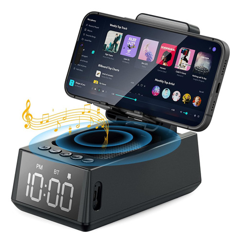 Deeyaple 3 en 1 altavoz inalámbrico con reloj despertador fuerte soporte para teléfono celular, lector de tarjetas TF pantalla 12H, micrófono HD sonido envolvente