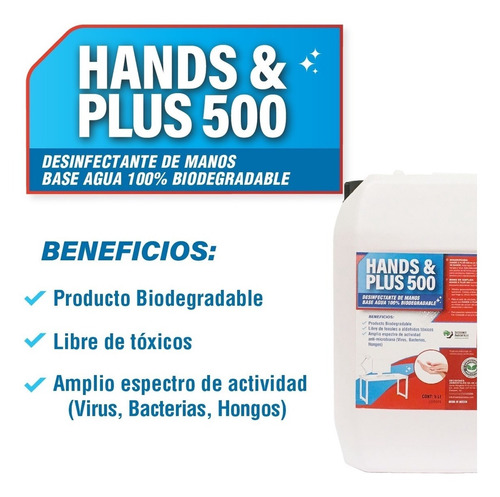 Imagen 1 de 4 de Hands & Plus 500 - Desinfectante Para Manos 5l