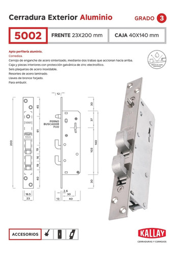 Imagen 2 de 5 de Cerradura Corrediza Angosta Kallay 5002 Herrero Seguridad