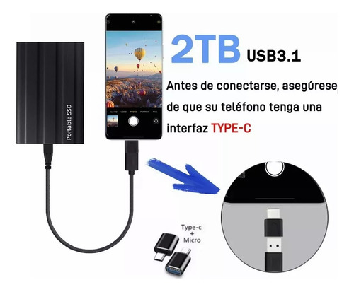 Externo Disco Duro Ssd 2tb 2000gb Sólido Mini Portátil Negro
