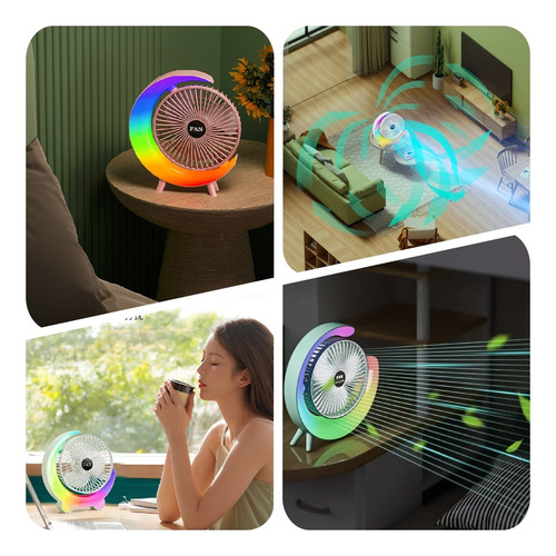 Ventilador De Escritorio Portátil Recargable Usb Con Luz Rgb 23.5 Cm 50 Azul Blanco Plástico 3