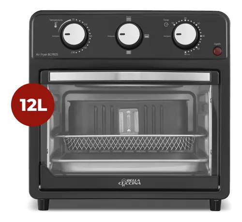 Fritadeira Air Fryer Bella Cuccina 12 litros na cor preta com porta de vidro, painel superior de controle e duas grelhas internas