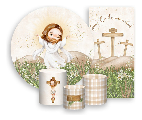 Kit Painel De Festa+ Trio Capa + Faixa - Páscoa Religioso 02 Cor Jesus Ele Vive 08