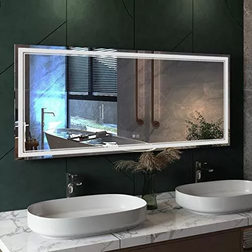 Espejo de baño con luz LED regulable, con función anti vaho, espejo grande  de pared con botón táctil, vertical y horizontal 60 x 36 pulgadas, espejo