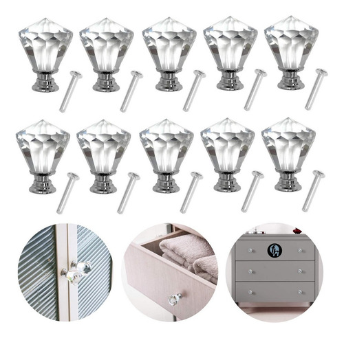 10 Perillas Jaladera De Cristal Forma Diamante Conica 30mm