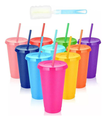 Kl 10 Vasos Reutilizables De 24 Oz Con 10 Tapas + 10 Popotes