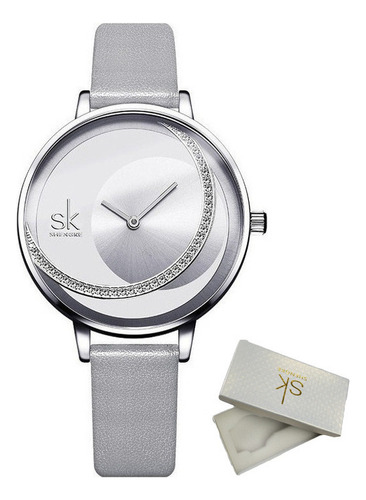 Elegante Reloj Shengke De Cuero Y Cuarzo Con Diamantes