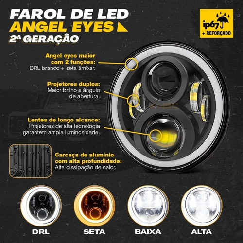 Farol 7 Polegadas Redondo Led Angel Eyes + Suporte Universal
