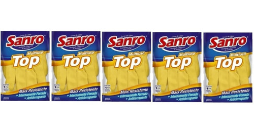 5 Pares Luva Latex Limpeza Multiuso Sanro Top Amarela