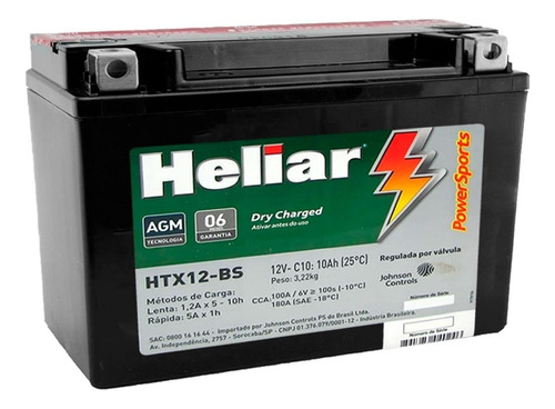 Bateria Moto Heliar Htx12bs Powersports 10ah 12 Volts