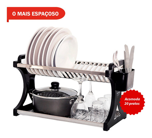 Escorredor De Pratos Alto Preto Inox 20 Pratos