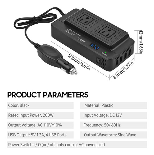 Aa 12v Do Inversor 200w Do Poder Do Carro Ao Conversor De D