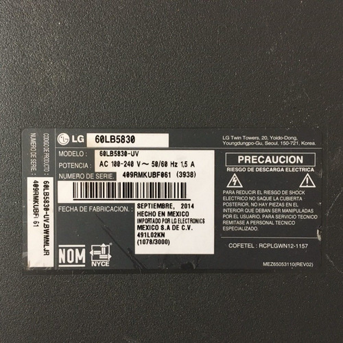Arnés Para Tarjeta Wifi Tv 60 LG Lg60lb5830-uv (Usado)