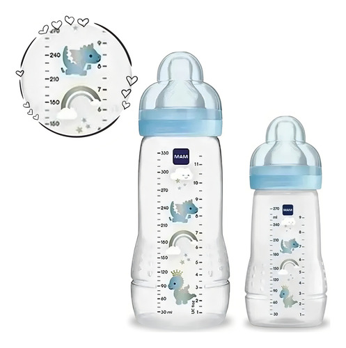 2 Mamadeiras De Bebe 270ml 330ml Easy Active Azul - Mam Animais