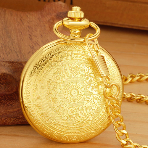 Reloj De Bolsillo Dorado Con Patrón Floral Y Números Romanos