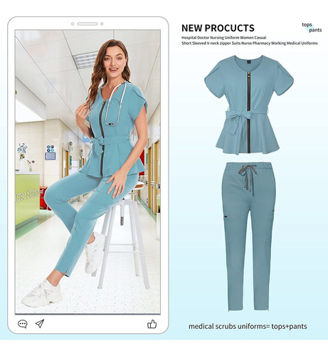 Conjunto De Uniforme Médico Pantalones Para Mujer Con Cierre
