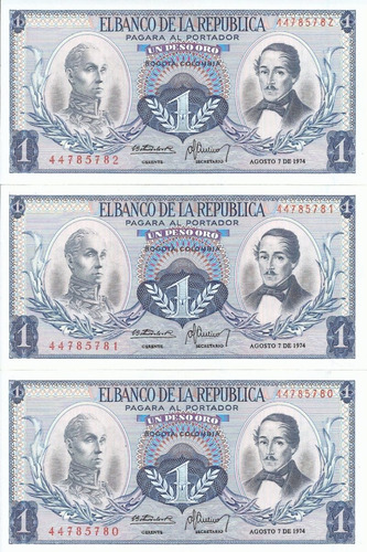 Colombia Trío Consecutivo 1 Peso 7 Agosto 1974