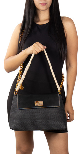 Bolsa Satchel Cloe Para Mujer Look Tejido Broche Magnético Color Negro