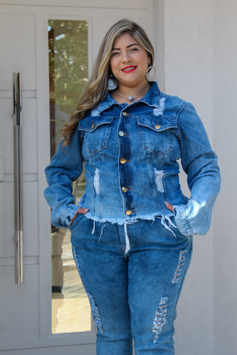 Imagem 4 de 5 de Conjunto Feminino Jeans Jaqueta E Calça Plus Size Inverno