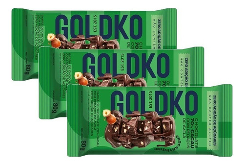 3 Barra De Chocolate 70% Pedaço Avelã Zero Açúcar Goldko 80g