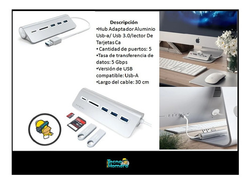 Imagen 3 de 10 de Hub Adaptador Aluminio Usb-a/ Usb 3.0/lector De Tarjetas Ca