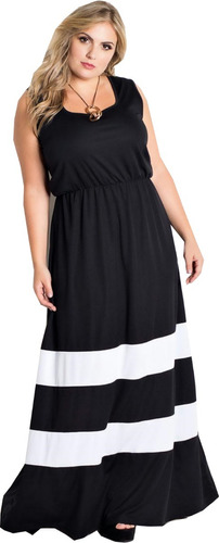 Vestido Longo Preto Plus Size Sem Mangas Saia Listras Barato