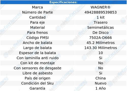 Kit De Balatas Semimetalicas Tra Wagner Tj L 6 4.0l 97 Al 98