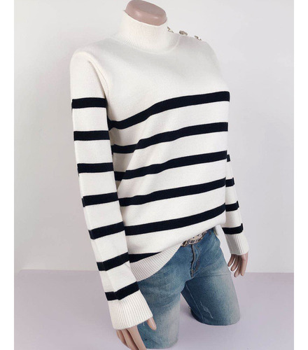 Jersey De Mujer A Rayas Con Cuello Alto Otoño E Invierno