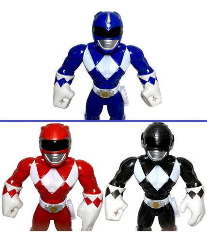 Coleção 03 Bonecos Articulados Personagens Heróis Power Rangers - Mega Mighties - Playskool Heroes - Hasbro Brinquedos : Preto Black + Vermelho Red + Azul Blue