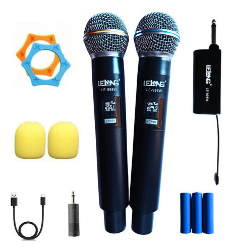 Micrófono Inalámbrico Recargables Wireless Karaoke Le-998w Color Negro