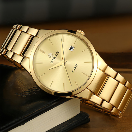 Relojes de cuarzo inoxidable Wwoor 8875 Calendar con correa dorada