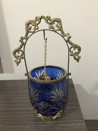 Aljibe Cristal Azul Tallado Con Montura De Bronce (Usado)