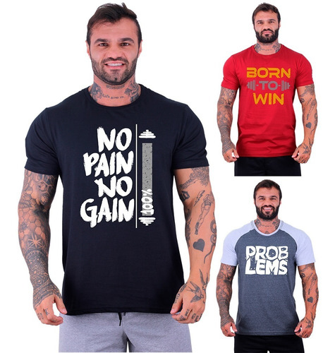 Kit 3 Camisas Estampada Masculina T-shirt Academia Camiseta