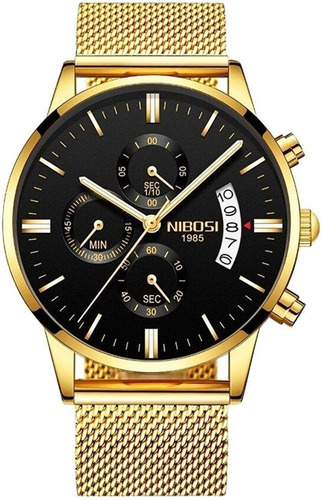 Relógio Nibosi Masculino Dourado Pulseira Malha De Aço 2309