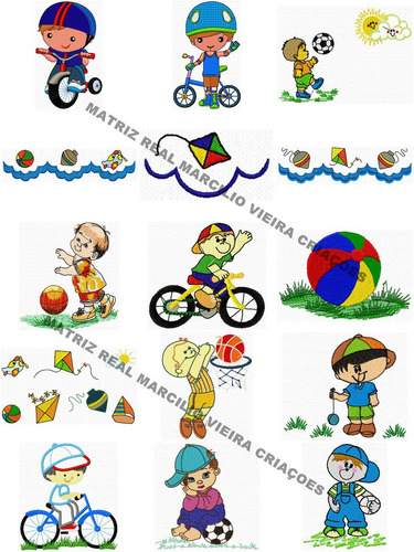 Matrizes Bordados Menino Pipa Bola Piao Carro Infantil