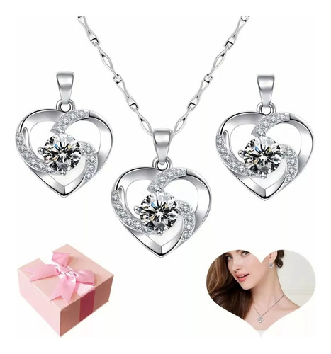 Sjx Set Collar Y Aretes Corazon Plata 925 Con Zircón Para
