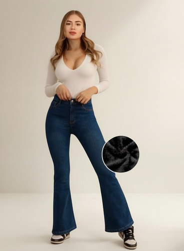 Jeans Flare Forrado De Polar Elasticado Push Up Tiro Alto