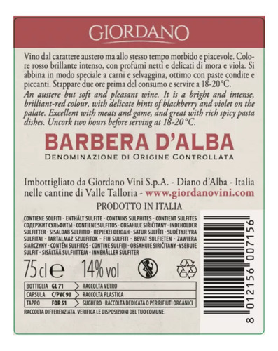 Barbera D Alba Docg Giordano 750ml