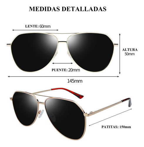 Lentes de sol polarizados hombre UV400 anti luz solar piloto diseño dorado/negro