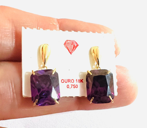 Brinco De Ouro 18k Com Zircônia Retangular De 8x10mm Com Nf