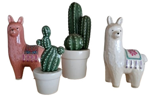 Juego 4 Figuras De Cerámica Adorno Llamas Cactus Decoración