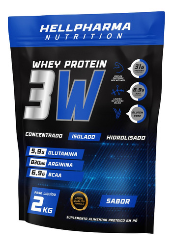 Whey Protein 3w 2kg Hellpharma - Rende 40 Doses - Sabores Sabor Morango