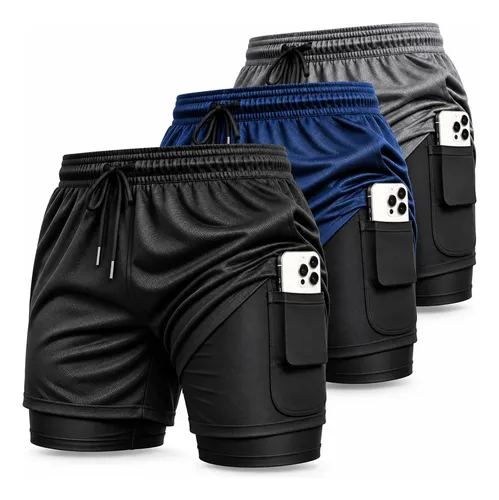 Kit 3 Shorts Masculinos 2 Em 1 Bermuda Dupla Para Academia
