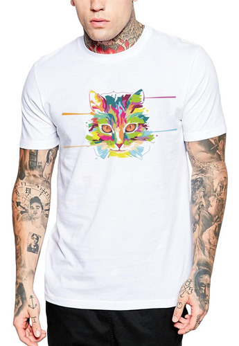 Imagen 1 de 3 de Polera Pop Cat Ilustración Blanca