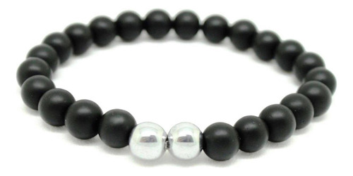 Pulseira Masculina Pedra 8mm Ágata Preto Fosco E Prateado G