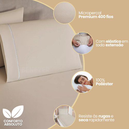 Jogo De Cama Solteiro 2 Peças 400 Fios Ponto Palito Toque Suave C/ Elástico Caqui