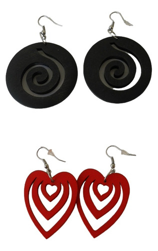 Aros De Madera Pintados Corazon Y Espiral 