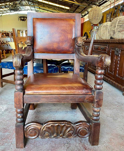 Antiguo Sillon De Madera De Mezquite Tallado A Mano Y Piel