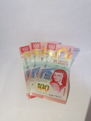 3 Billetes De 100 Pesos Continuos, Serie Aa