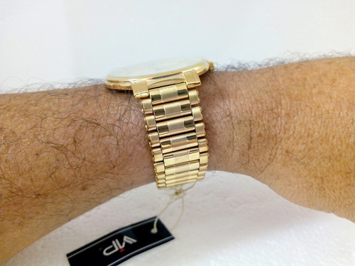 Relógio Vip Quartz Masculino Dourado Slim Banhado A Ouro
